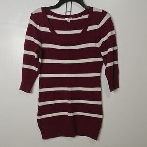 BONGO Burgundy and White Striped Scoop Neck Sweater